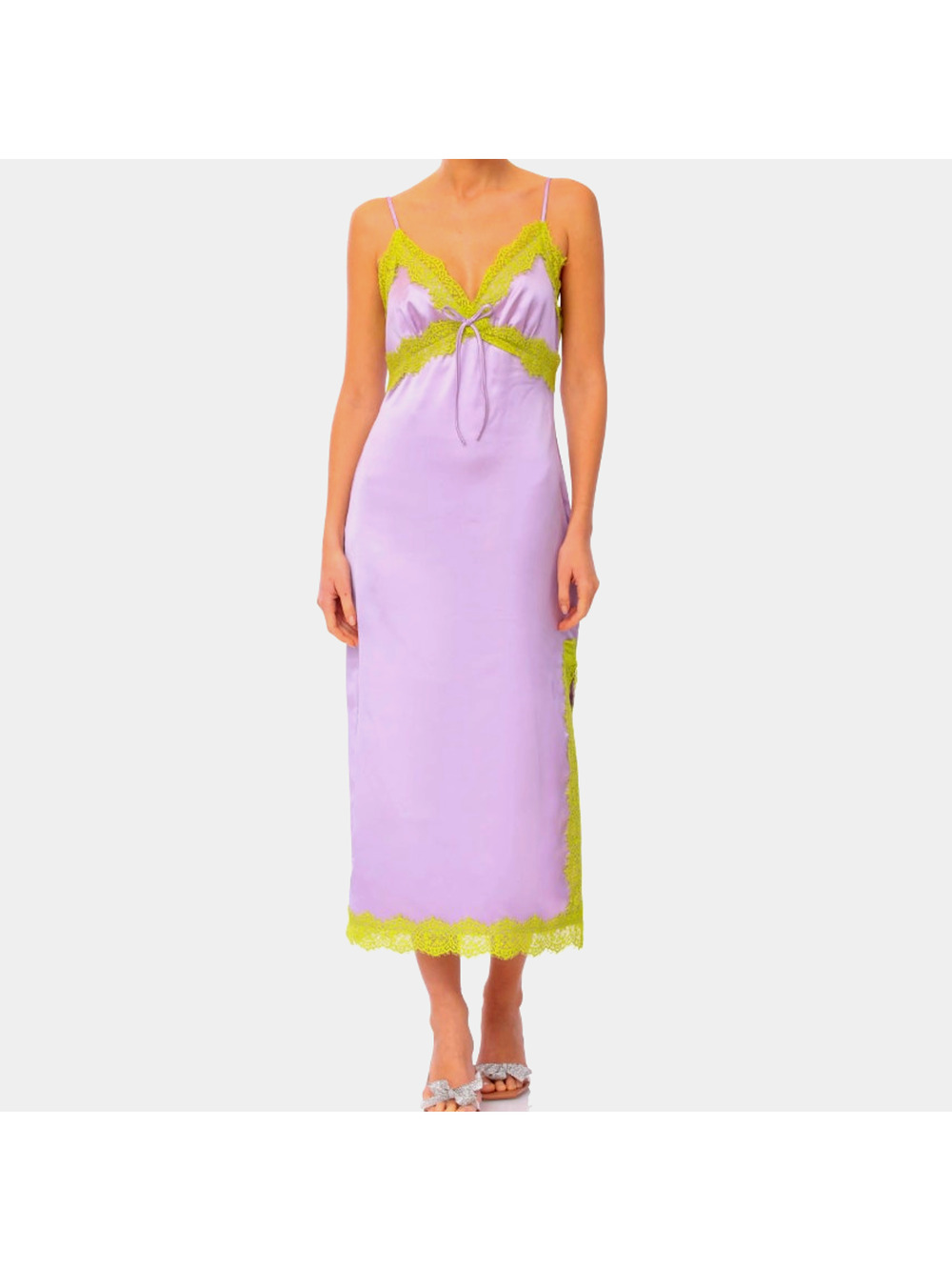 Avec Les Filles Lilac Purple & Yellow Lace Trim Spaghetti Strap Midi Dress Sz 14